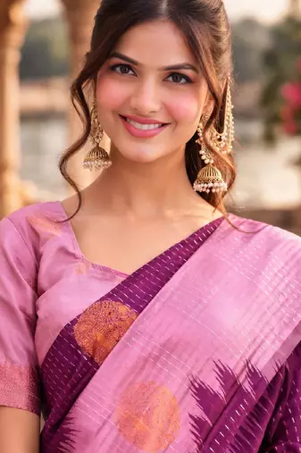 Purple wine silk blend saree with unstitched blouse piece
