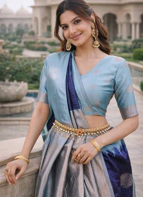Rama blue silk blend saree with unstitched blouse piece 1