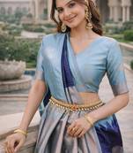 Rama blue silk blend jacuard work designer party wear saree with unstitched blouse piece