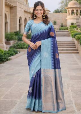 Rama blue silk blend saree with unstitched blouse piece 2
