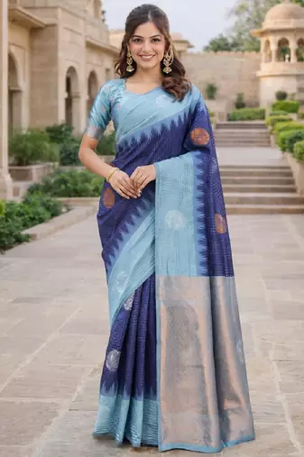 Rama blue silk blend saree with unstitched blouse piece