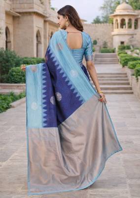 Rama blue silk blend saree with unstitched blouse piece 3