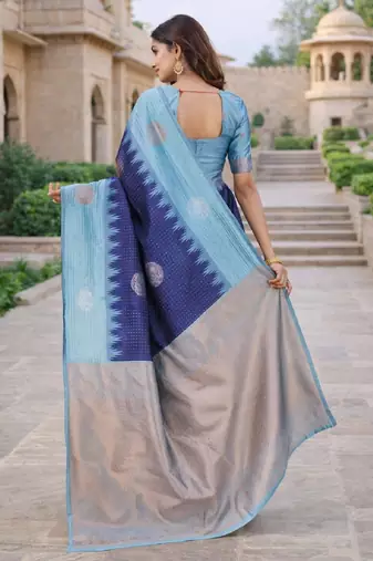 Rama blue silk blend saree with unstitched blouse piece