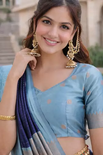 Rama blue silk blend saree with unstitched blouse piece