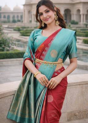 Rama red silk blend saree with unstitched blouse piece 1