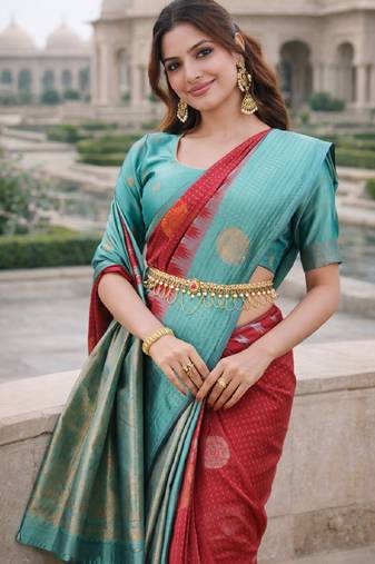 Rama red silk blend jacuard work designer party wear saree with unstitched blouse piece