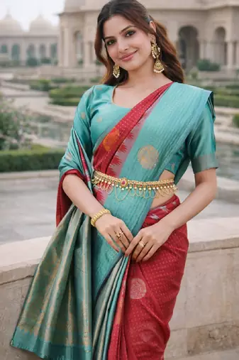 Rama red silk blend jacuard work designer party wear saree with unstitched blouse piece