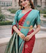 Rama red silk blend jacuard work designer party wear saree with unstitched blouse piece