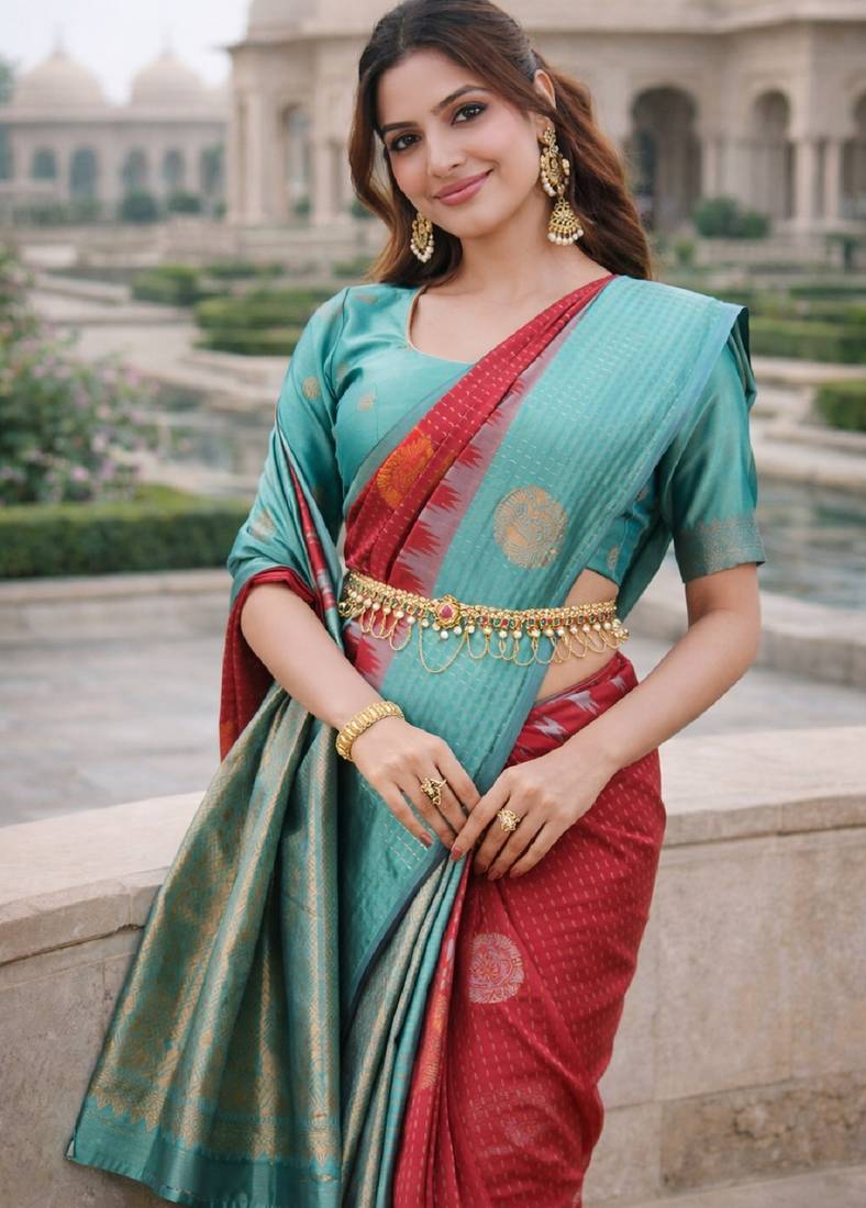 Rama red silk blend jacuard work designer party wear saree with unstitched blouse piece