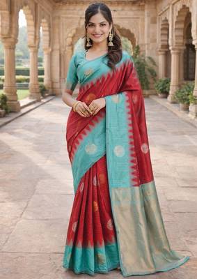 Rama red silk blend saree with unstitched blouse piece 2
