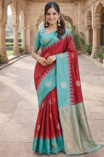 Rama red silk blend saree with unstitched blouse piece