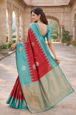 Rama red silk blend saree with unstitched blouse piece 3