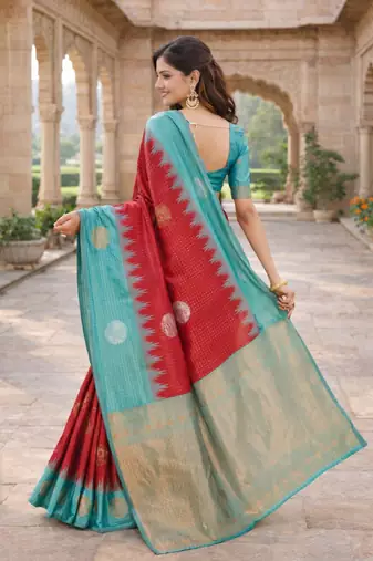 Rama red silk blend saree with unstitched blouse piece