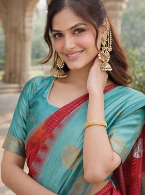 Rama red silk blend saree with unstitched blouse piece 4