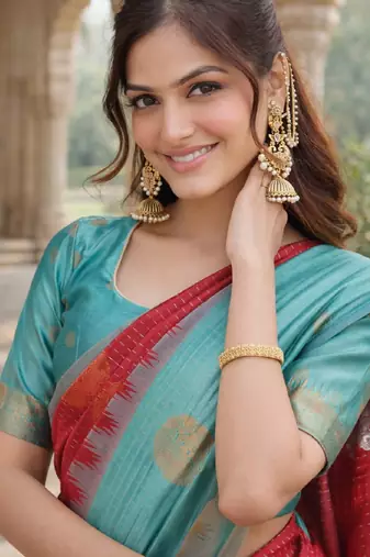 Rama red silk blend saree with unstitched blouse piece