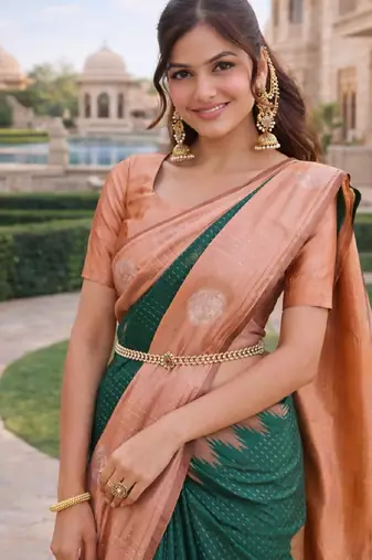 Rust green silk blend jacuard work designer party wear saree with unstitched blouse piece