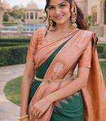 Rust green silk blend jacuard work designer party wear saree with unstitched blouse piece