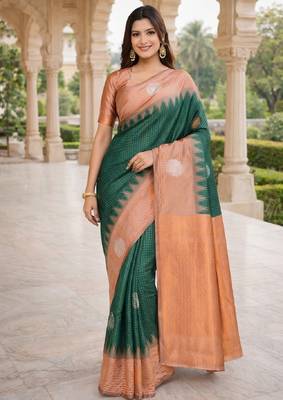 Rust green silk blend saree with unstitched blouse piece 2