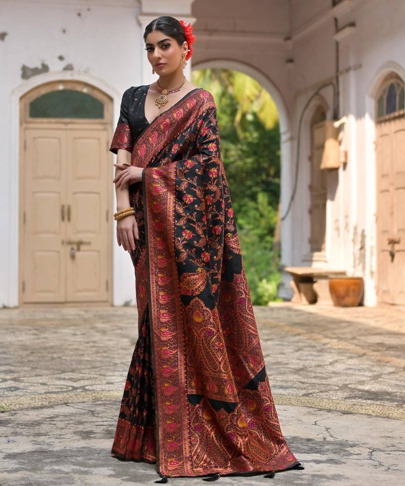 Black soft pashmina silk meena zari woven saree with blouse