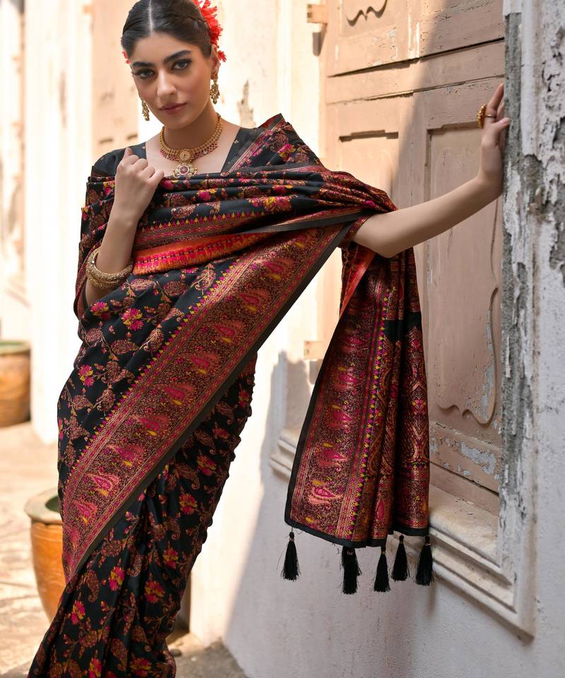 Black soft pashmina silk meena zari woven saree with blouse