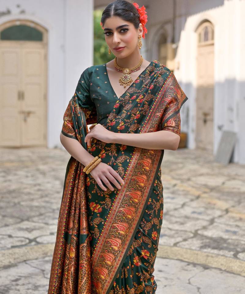 Bottle green soft pashmina silk meena zari woven saree with blouse