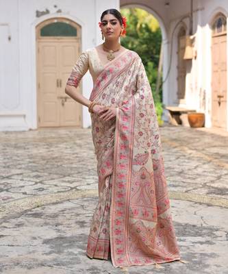 Cream soft pashmina silk meena zari woven saree with blouse 1
