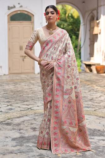 Cream soft pashmina silk meena zari woven saree with blouse