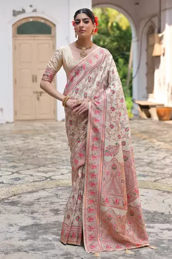 Cream soft pashmina silk meena zari woven saree with blouse