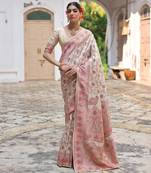 Cream soft pashmina silk meena zari woven saree with blouse