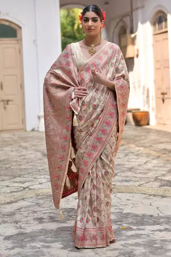 Cream soft pashmina silk meena zari woven saree with blouse