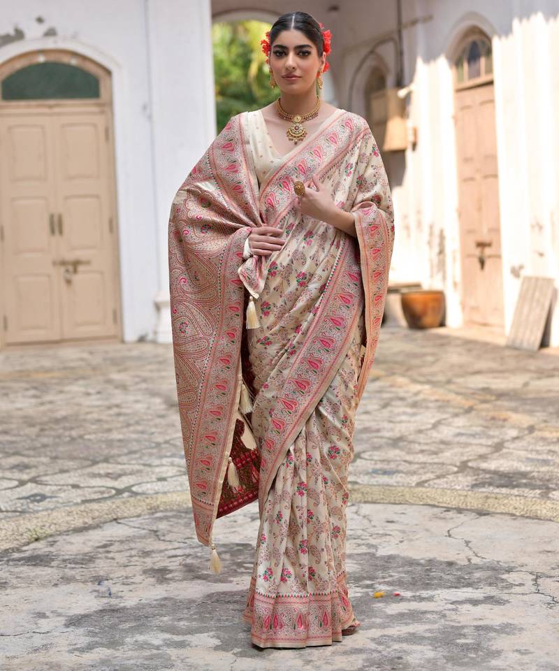 Cream soft pashmina silk meena zari woven saree with blouse
