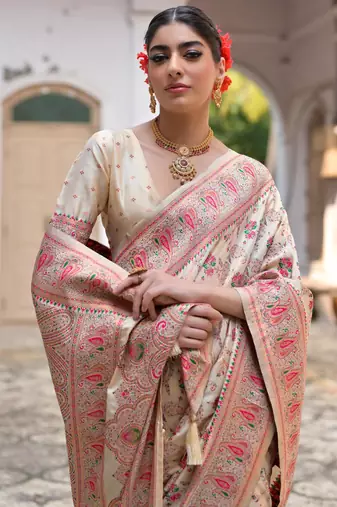 Cream soft pashmina silk meena zari woven saree with blouse