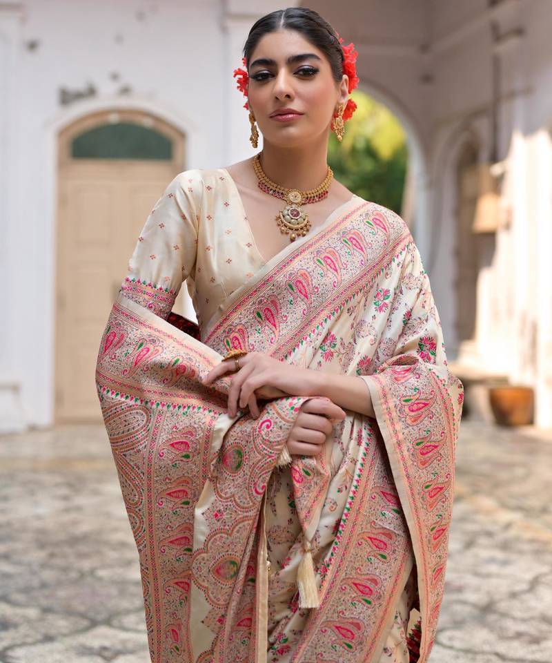 Cream soft pashmina silk meena zari woven saree with blouse