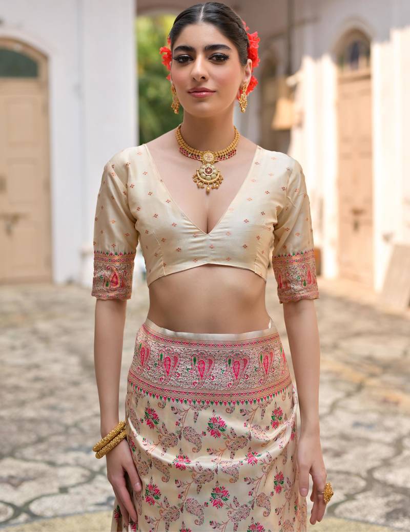 Cream soft pashmina silk meena zari woven saree with blouse