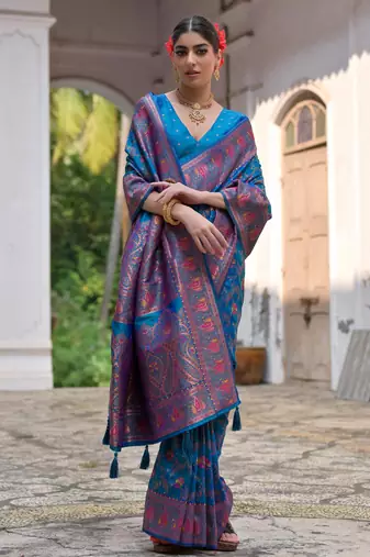 Firozi soft pashmina silk meena zari woven saree with blouse