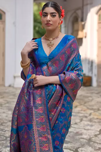 Firozi soft pashmina silk meena zari woven saree with blouse