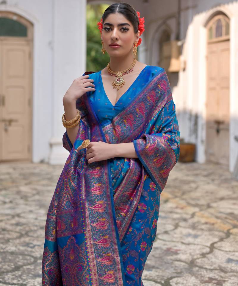 Firozi soft pashmina silk meena zari woven saree with blouse