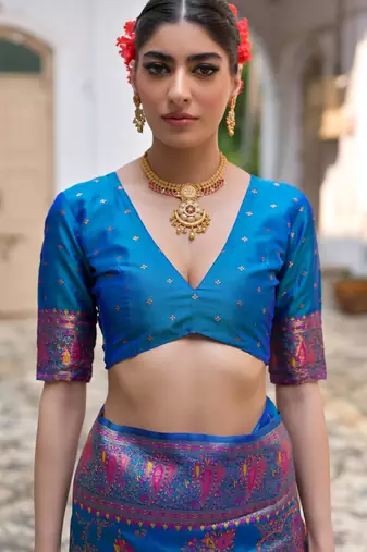 Firozi soft pashmina silk meena zari woven saree with blouse