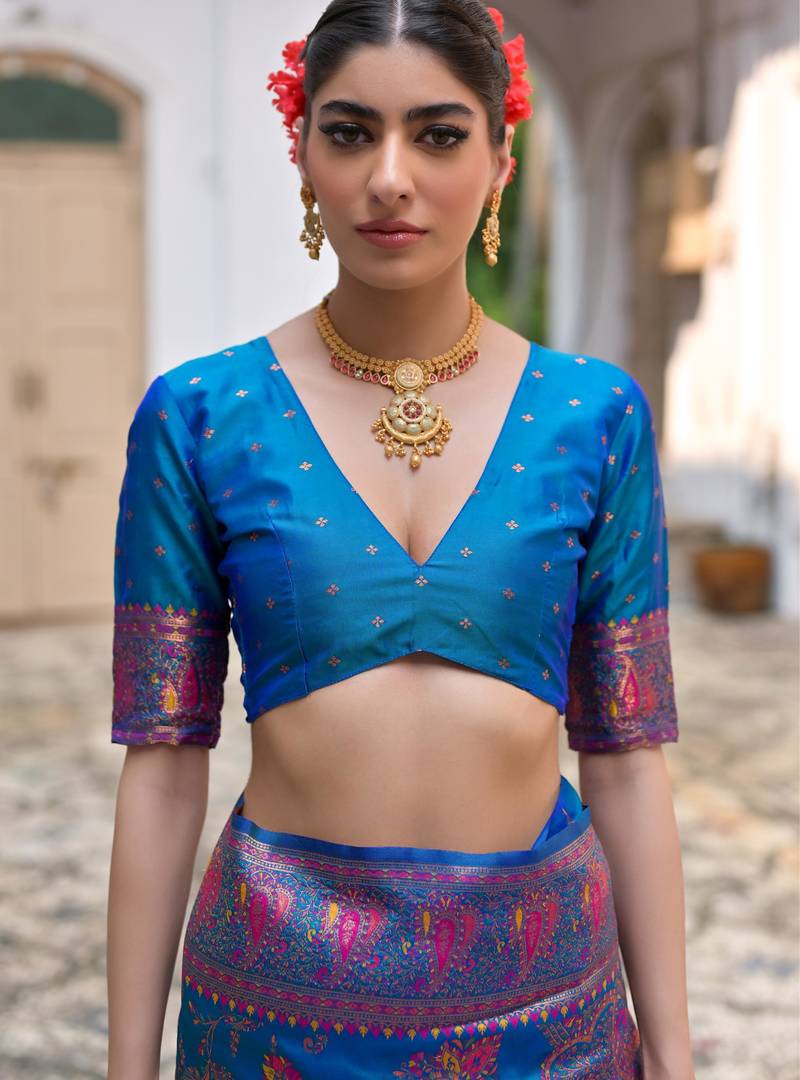 Firozi soft pashmina silk meena zari woven saree with blouse