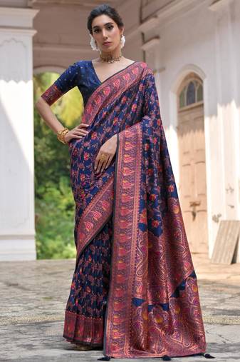 Navy blue soft pashmina silk meena zari woven saree with blouse