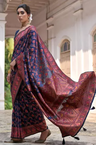 Navy blue soft pashmina silk meena zari woven saree with blouse