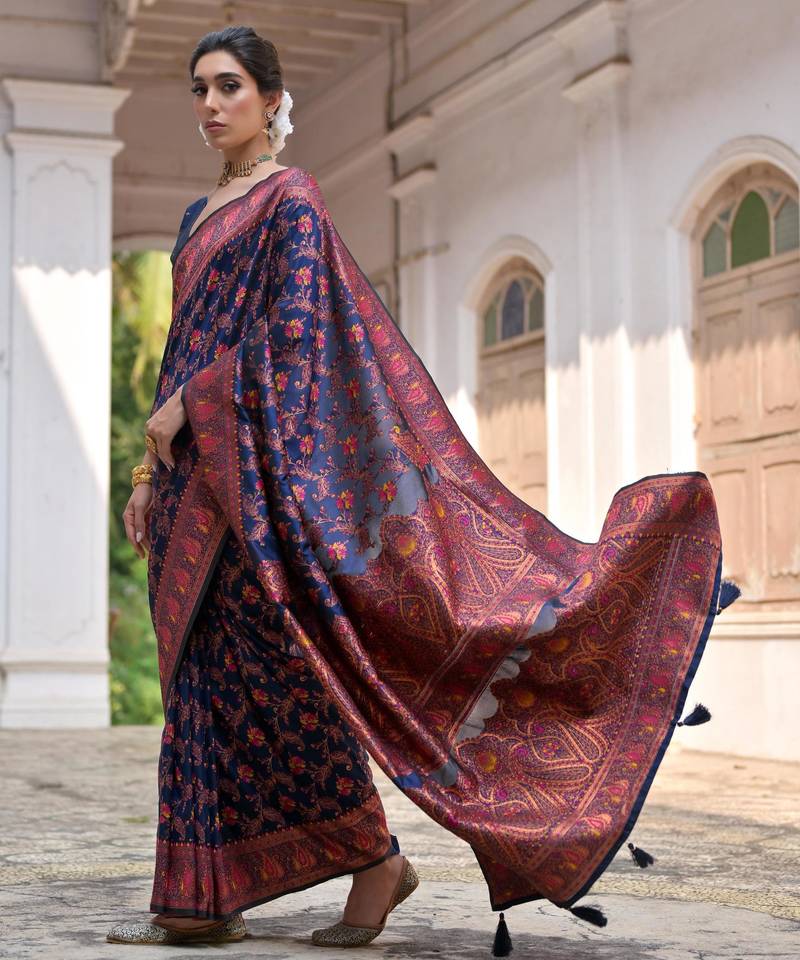Navy blue soft pashmina silk meena zari woven saree with blouse