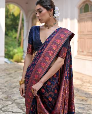 Navy blue soft pashmina silk meena zari woven saree with blouse 3