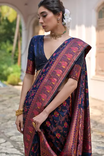 Navy blue soft pashmina silk meena zari woven saree with blouse