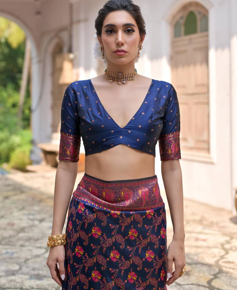 Navy blue soft pashmina silk meena zari woven saree with blouse