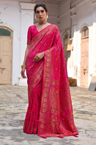 Pink soft pashmina silk meena zari woven saree with blouse