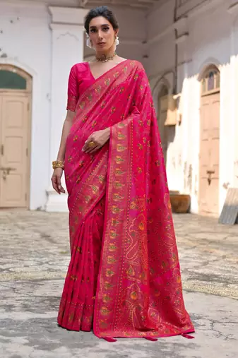 Pink soft pashmina silk meena zari woven saree with blouse