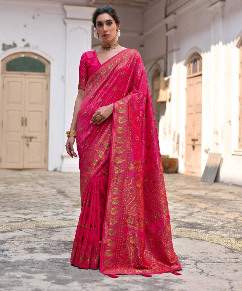 Pink soft pashmina silk meena zari woven saree with blouse