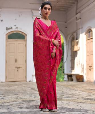 Pink soft pashmina silk meena zari woven saree with blouse 2