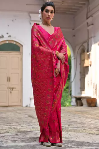 Pink soft pashmina silk meena zari woven saree with blouse